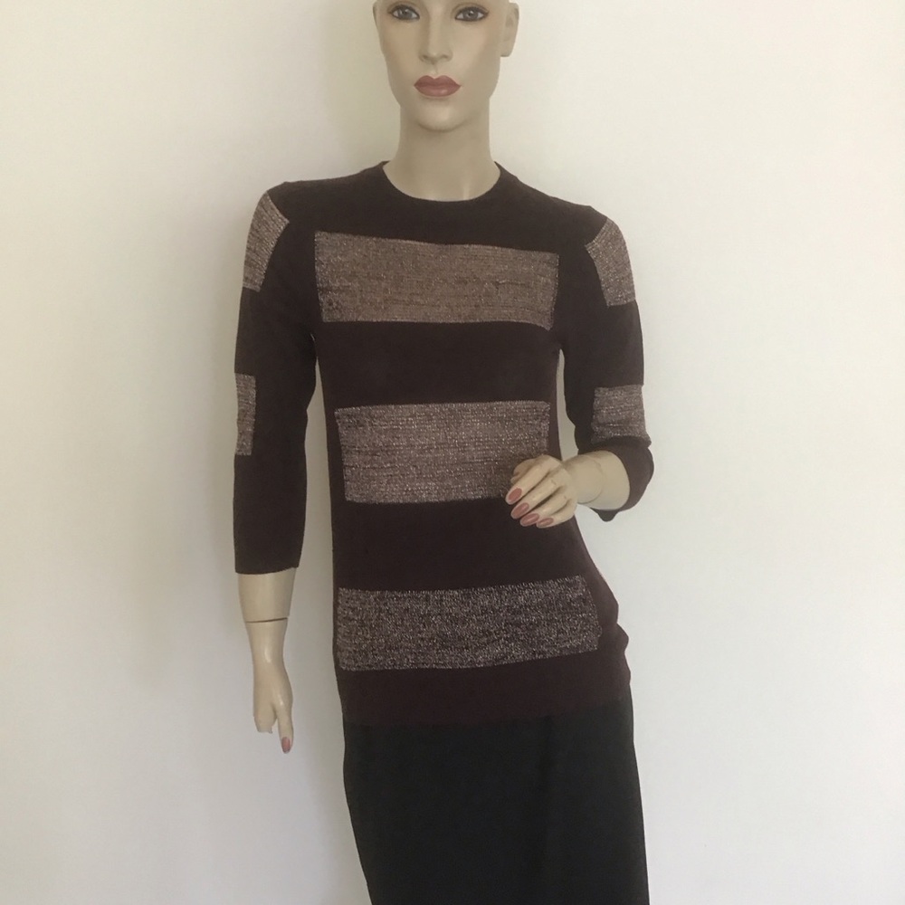 Ted Baker Plum Rose Gold Metallic Sheer Knit Striped Sweater 1 US 2 4